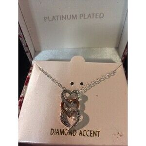 Diamond Three Heart Accent Necklace 18 inch Platinum Plated Adjustable Chain